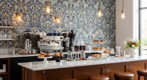 Accent wall adding personality to a coffee bar