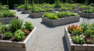 Raised beds with gravel pathways in garden