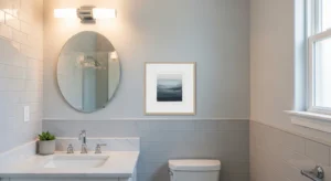 Artwork adding personality to guest bathroom
