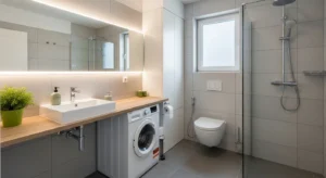 Compact washing machine fitting small bathroom layout
