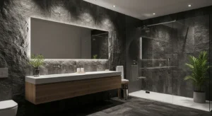 Textured dark walls adding depth to bathroom