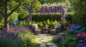 Cozy seating nook in cottage garden