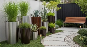 Metal pots creating a modern garden look