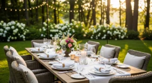 Outdoor dining area in backyard