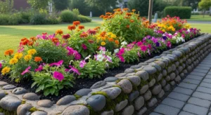 Decorative edging defining flower bed