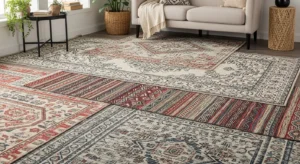 Layered rugs in boho living room