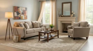 Beige rug grounding living room design
