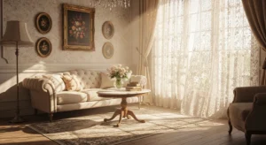 Lace curtains in vintage living room creating soft and airy feel