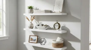 Floating shelves in narrow hallway
