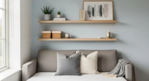 Floating shelves adding storage in small living room bedroom combo