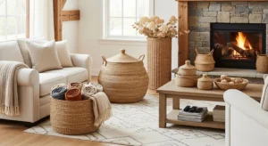 Woven baskets adding storage and texture to farmhouse living room