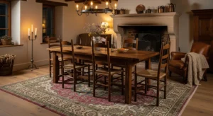 Vintage rug adding warmth and texture to farmhouse dining room