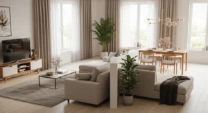 Furniture placement creating separation in open living dining space