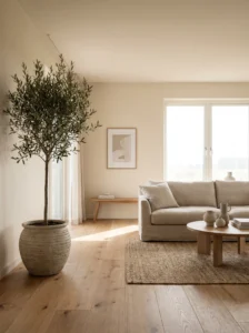 Japandi living room with simple indoor plant and minimal styling