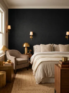 Textured black wallpaper accent wall in a stylish bedroom