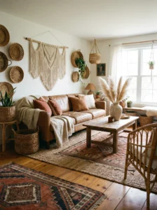 Earthy boho brown living room with woven decor and natural textures