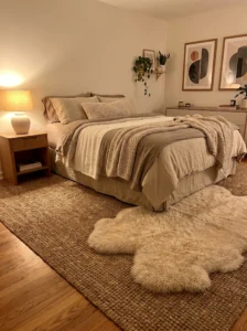 Neutral bedroom with layered rugs adding texture and depth