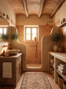 Terracotta bathroom with warm earthy tones and natural textures