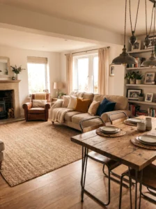 Mixed textures in living room dining room combo for depth and style