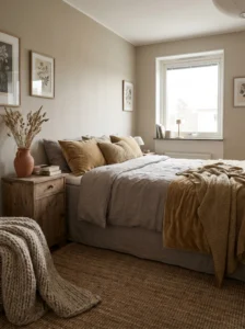 Muted mustard and gray bedroom with warm cozy accents