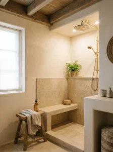 Warm neutral shower design with beige tones and cozy atmosphere