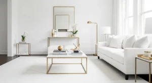 White living room with metallic accents for a modern luxurious look.