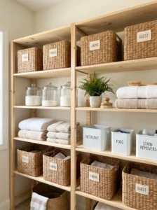 Organized laundry room shelves with baskets for storage