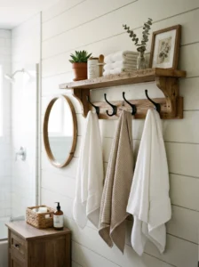 Bathroom shelf with hooks for hanging towels and saving space