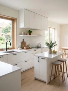 Scandinavian kitchen with black accents adding contrast to a white minimalist space