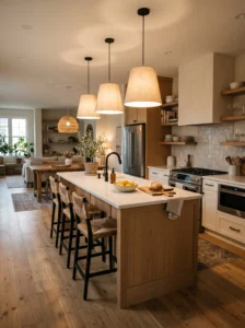 Soft fabric pendant lights creating warm and cozy modern kitchen ambiance