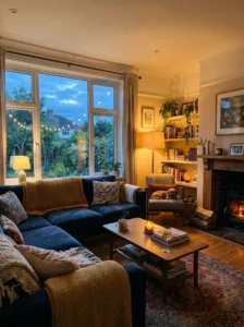 Living room with dimmable lighting showing bright and cozy lighting settings