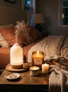 Scented candles and diffuser adding cozy ambiance to teen bedroom
