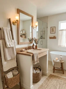 Soft white bathroom with neutral textures creating a cozy and relaxing feel