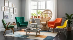 Mix and match colorful chairs creating a playful living room design