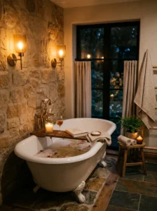 Bathtub with soft layered lighting creating a warm and calming space