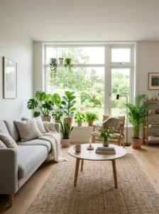 Plants in Scandinavian living room fresh minimal design