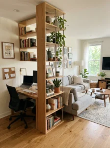Living room office separated with bookshelf divider