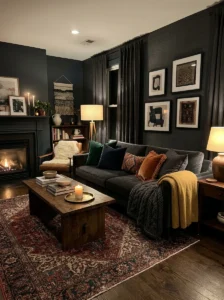 Layered textures in dark living room with cozy fabrics and rich tones