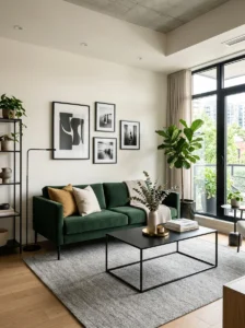 Green couch with black accents modern living room