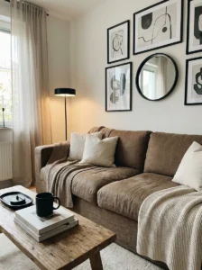 Brown couch living room with black accents for modern contrast