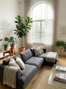 Grey couch living room with greenery and indoor plants
