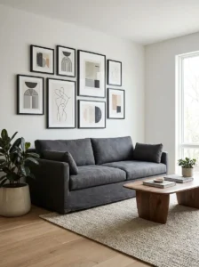 Grey couch with gallery wall featuring modern framed artwork