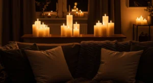 Behind sofa table decorated with candles