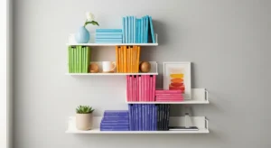 Colorful books arranged as decorative elements on shelves