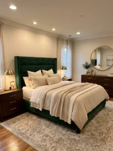 green velvet headboard bedroom with luxurious and cozy design