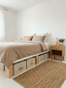 Under-bed storage boxes used in small bedroom organization