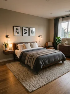 Textured rug in a modern men’s bedroom adding warmth and comfort