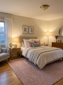 Pink rug in bedroom adding warmth and soft aesthetic touch