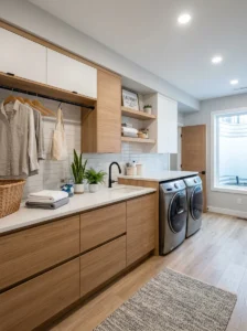 “Modern basement laundry room with organized cabinets”