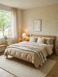 Japandi bedroom with layered textures and cozy neutral styling